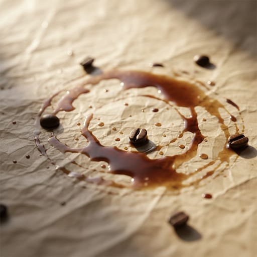 Artisanal photograph of spilled coffee and roasted beans on parchment paper